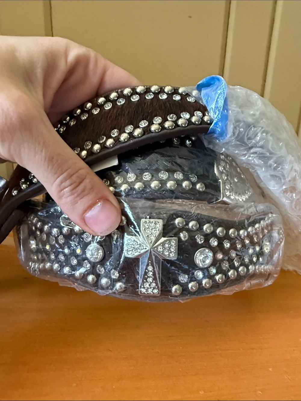 Nocona Hair-On Leather Western Belt – Rhinestone Studded – NWT